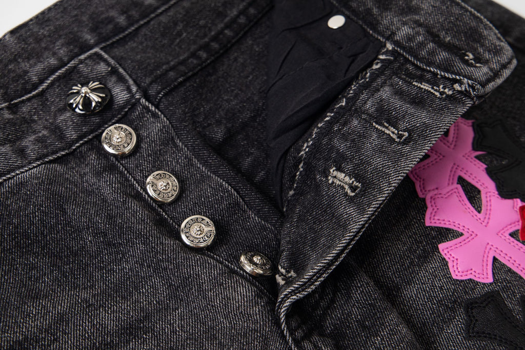 Chrome-Hearts Multi Cross Patch Denim Jeans - Grey Gothic Street Pants 1111