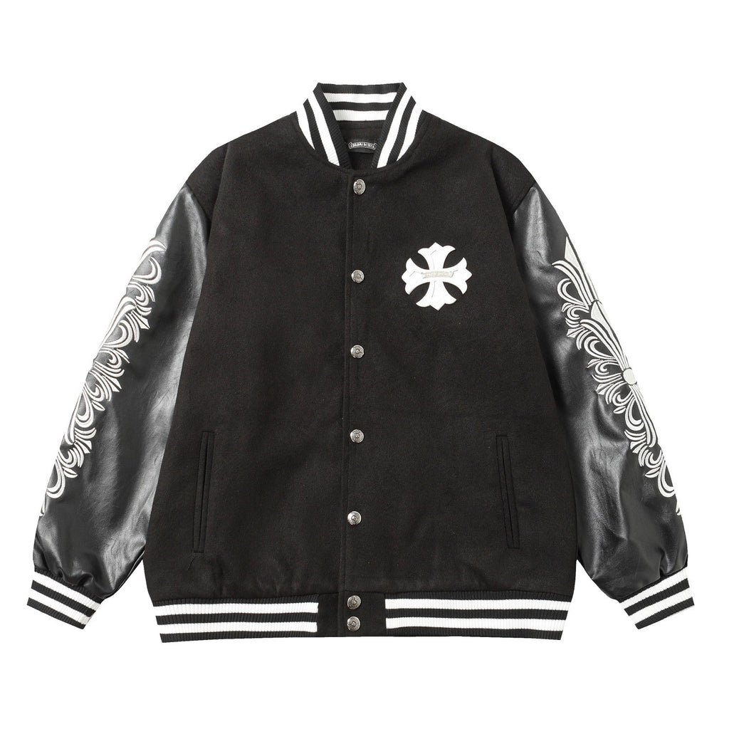 Chrome-Hearts Cross Embroidered Leather Sleeve Varsity Jacket - Black Street Style 116