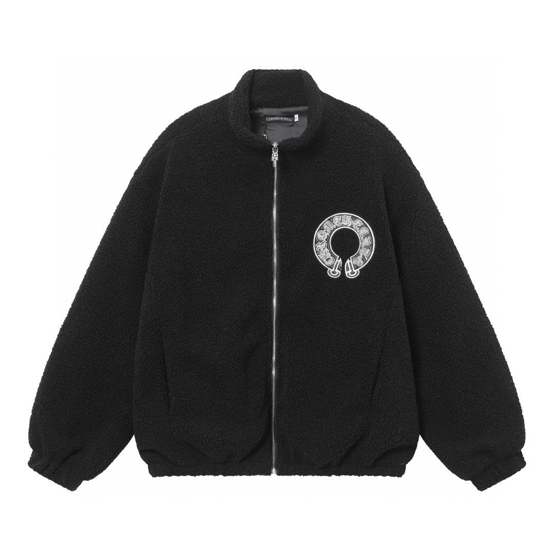 Chrome-Hearts Horseshoe Embroidered Sherpa Jacket - Black Cream Gothic Coat 825