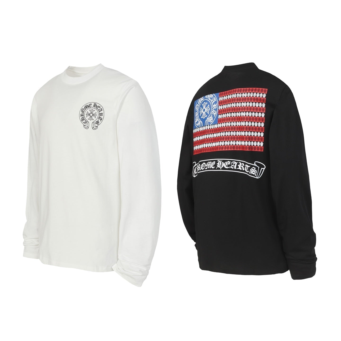 Chrome-Hearts Logo Flag Long Sleeve Tee - Black White Gothic Street T-Shirt K2126