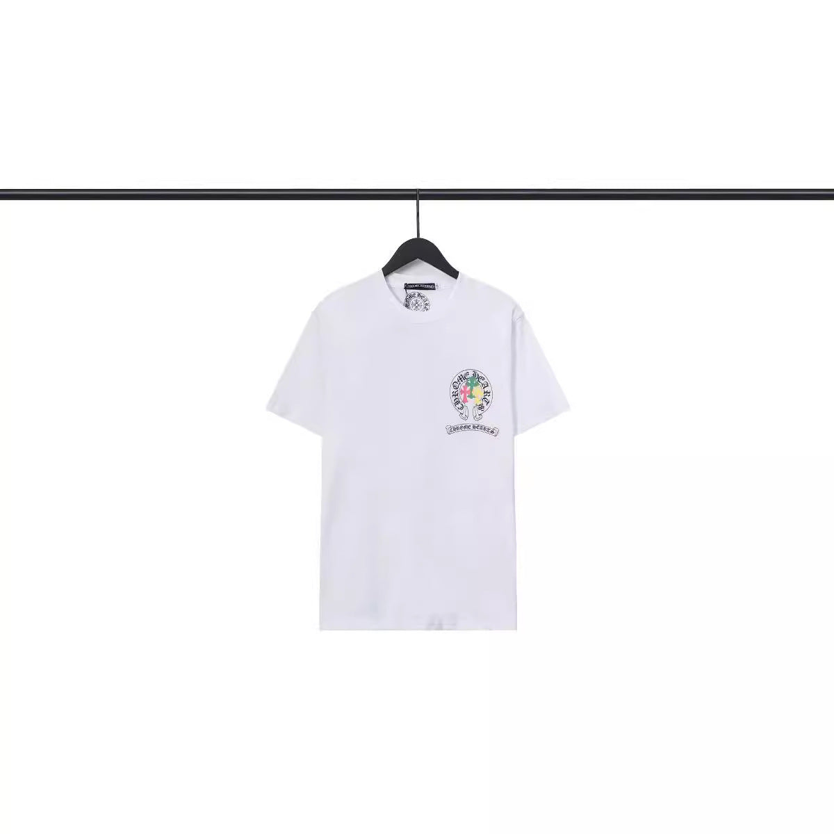 CHH Chrome Heart T Shirts Crowe Scroll Heart Color Cross Print Crew Neck Short Sleeve
