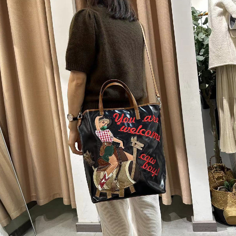 Chh Chrome Heart Leather Bag Embroidered Cartoon Tote Bag
